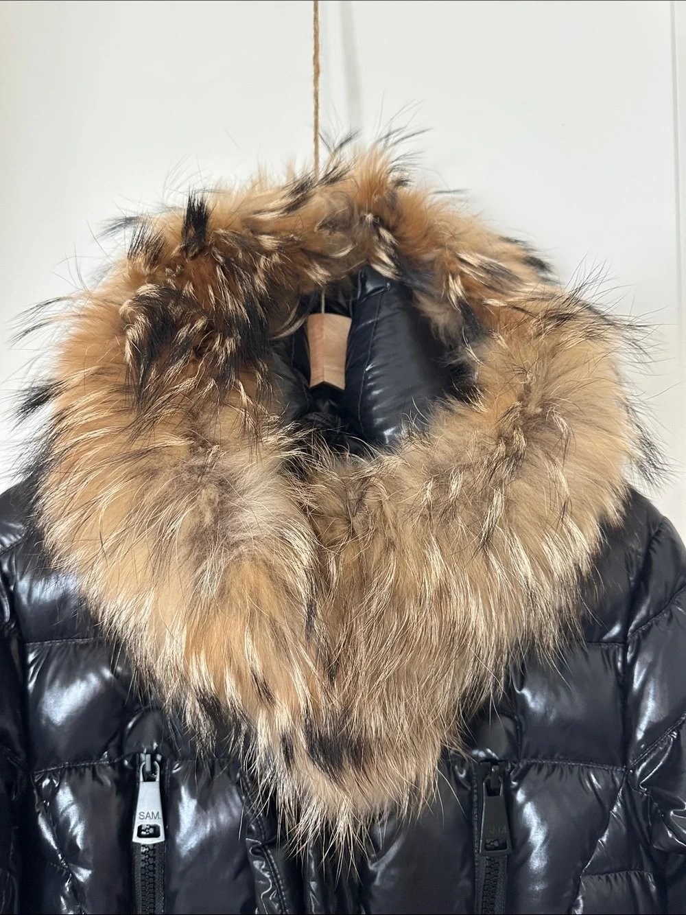 SAM New York Fox Fur-Trim Belted Down Puffer Jacket (Mid-length)